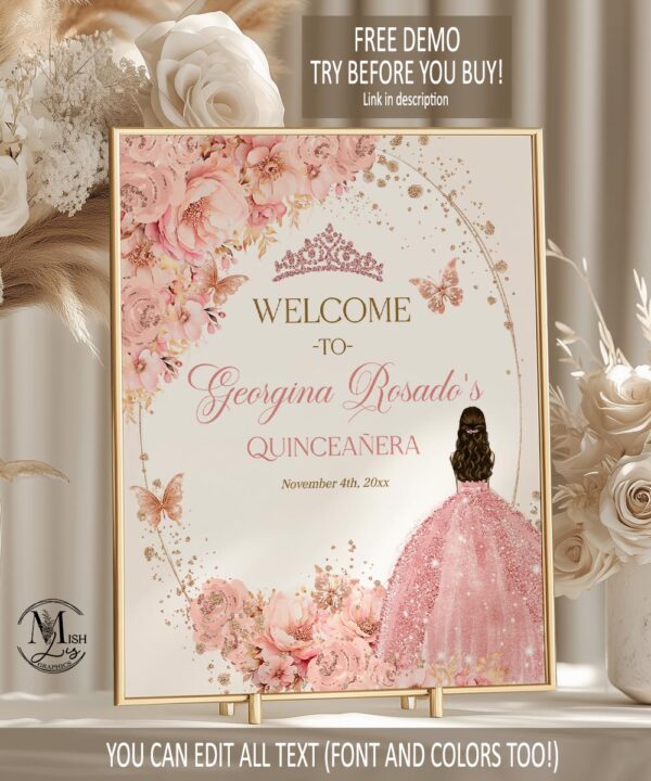 pink-gold-quinceanera-welcome-sign