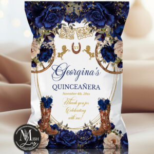 Rustic Country Western Quinceañera Chip Bag | Navy Blue Floral & Cowboy Boots | Editable Quinceanera 16th Birthday