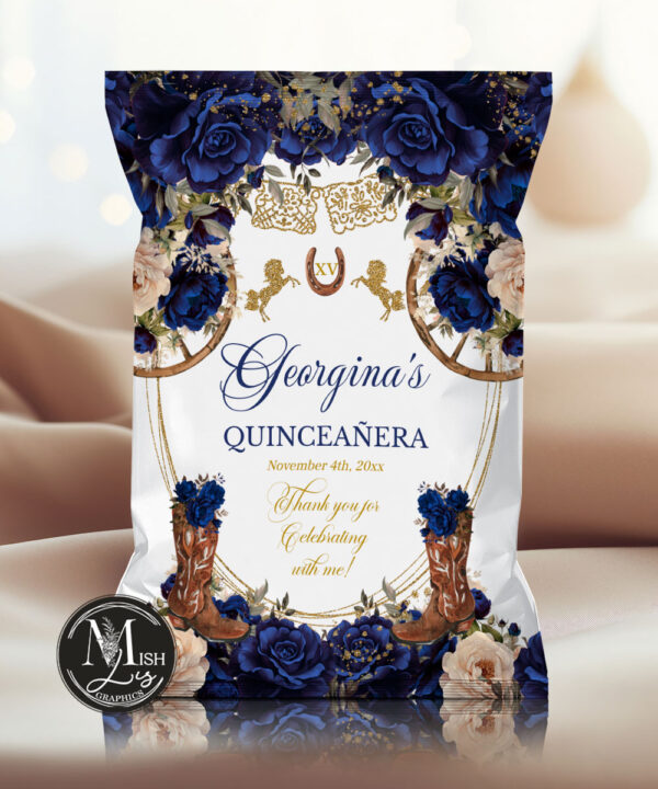 Rustic Country Western Quinceañera Chip Bag | Navy Blue Floral & Cowboy Boots | Editable Quinceanera 16th Birthday