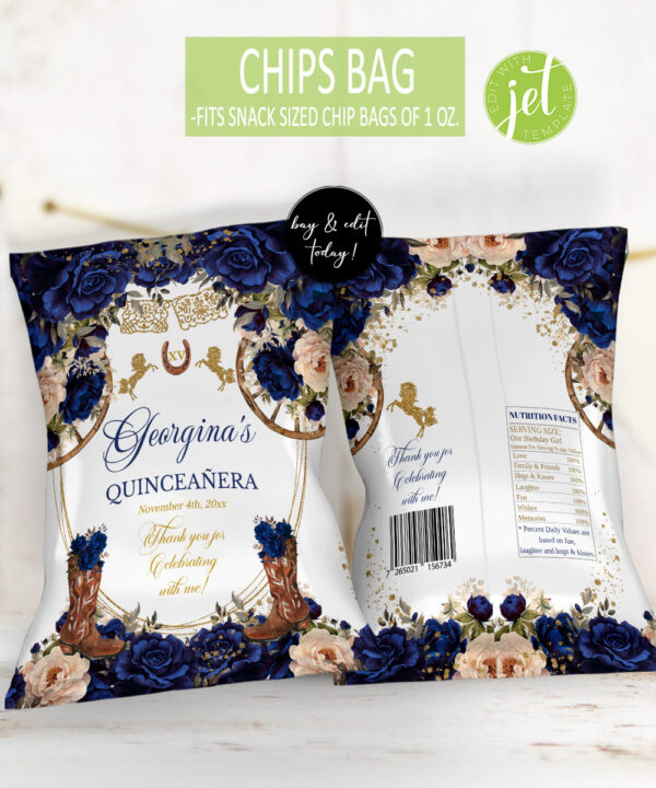 Rustic Country Western Quinceañera Chip Bag | Navy Blue Floral & Cowboy Boots | Editable Quinceanera 16th Birthday - Image 2