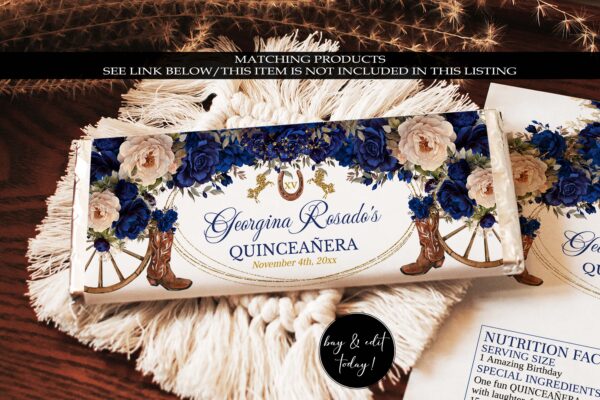 Rustic Country Western Quinceañera Chip Bag | Navy Blue Floral & Cowboy Boots | Editable Quinceanera 16th Birthday - Image 6
