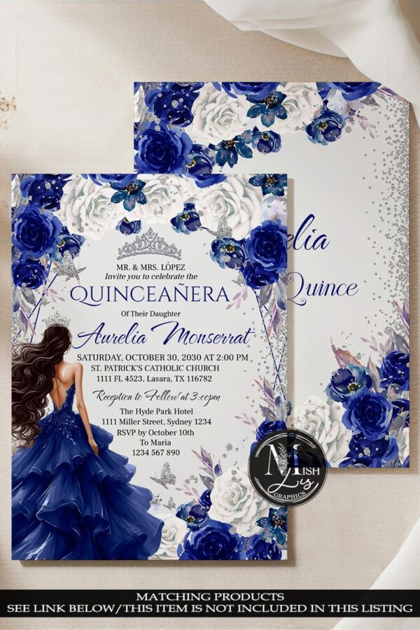 Royal Blue & Silver Quinceañera Thank You Card | Floral Butterflies & Glitter Dress | Editable Mis Quince 15th Note - Image 5