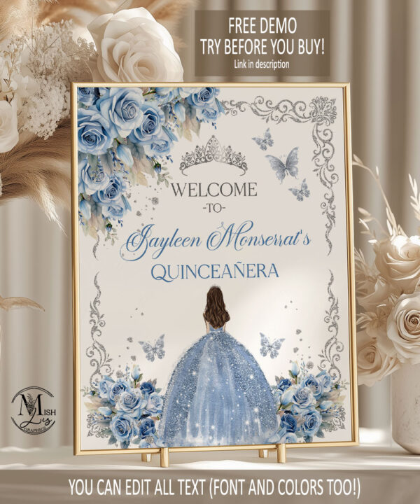 Quinceanera Celebration Set | Regal Roses Quinceanera Party Decor in Baby Blue Floral Design | Princess Floral Design & Silver Glitter | Editable Sweet 16 Decor - Image 6