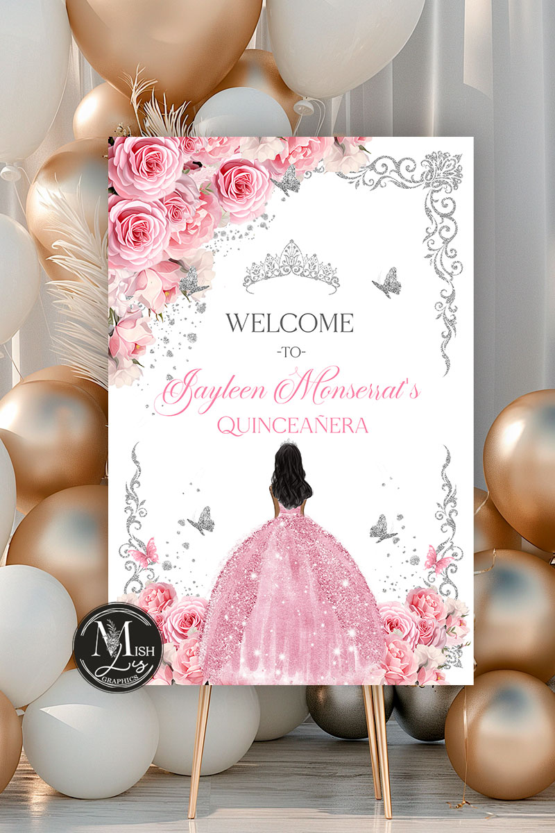 Pink Roses & Dress Quinceañera Welcome Sign | Pink Roses and Silver Crown | Printable EDITABLE TEMPLATE Mis Quince Girl 15 16th Birthday Butterflies INSTANT Download - Image 2