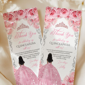 Quinceañera Pink & Silver Floral Thank You Card | Rose Gold Crown | Editable Mis Quince 15th Birthday Note