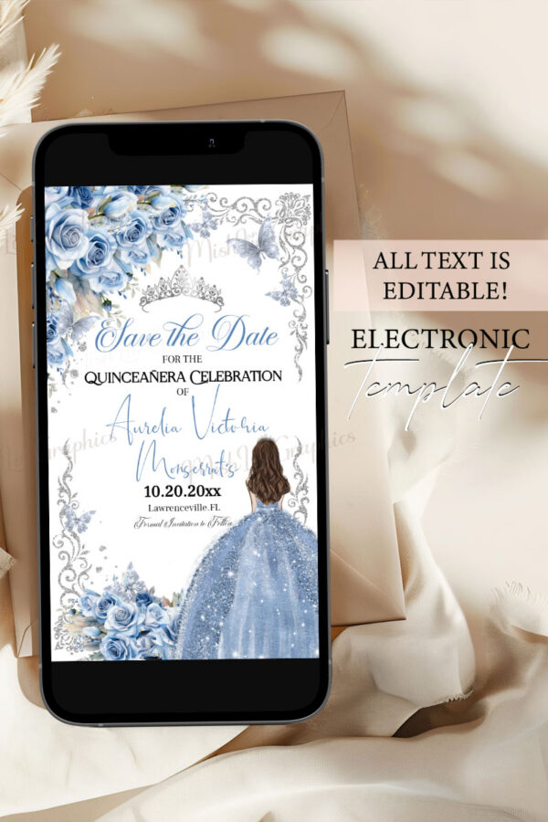 Elegant Baby Blue Roses Quinceanera Electronic Invitation with Silver Crown | Editable Template | Editable Mis Quince 15 Party Template - Image 4