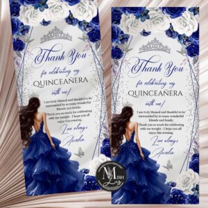 Royal Blue & Silver Quinceañera Thank You Card | Floral Butterflies & Glitter Dress | Editable Mis Quince 15th Note