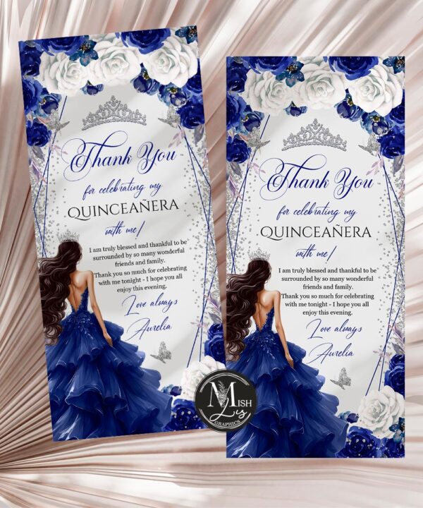 Royal Blue & Silver Quinceañera Thank You Card | Floral Butterflies & Glitter Dress | Editable Mis Quince 15th Note