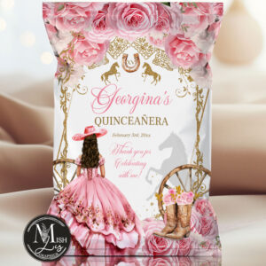 Country Western Quinceañera Chip Bag Template l Pink Roses & Cowboy Boots Party Favor | Quinceañera or Sweet 16 Digita l Party Signage