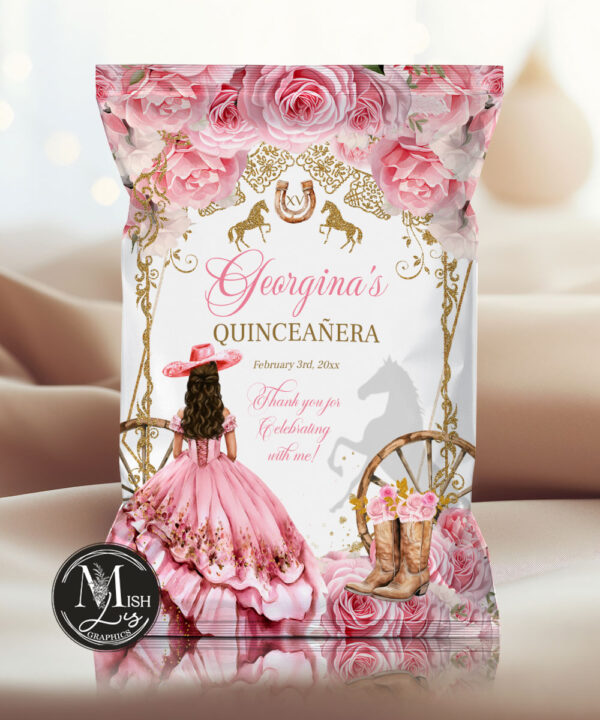 Country Western Quinceañera Chip Bag Template l Pink Roses & Cowboy Boots Party Favor | Quinceañera or Sweet 16 Digita l Party Signage