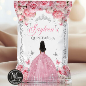 Pink Roses & Dress Quinceañera Chip Bag | Pink Floral & Silver Crown Party Favor | Editable Sweet 16 Snack Wrapper