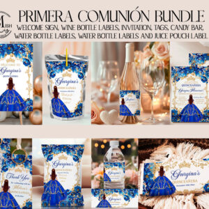 Royal Blue Gold Quinceañera Party Bundle | Princess Floral Design & Gold Glitter | Editable Sweet 16 Decor Set