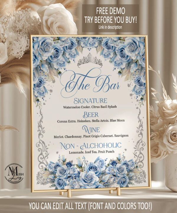 Elegant Baby Blue Floral Bar Menu - Butterflies & Crown Quinceanera Decor - Image 3