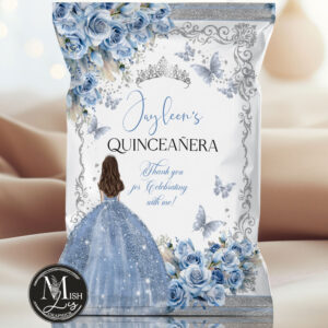 Butterflies and Crown Chip Bag - Regal Roses Quinceanera Party Decor in Baby Blue Floral Design