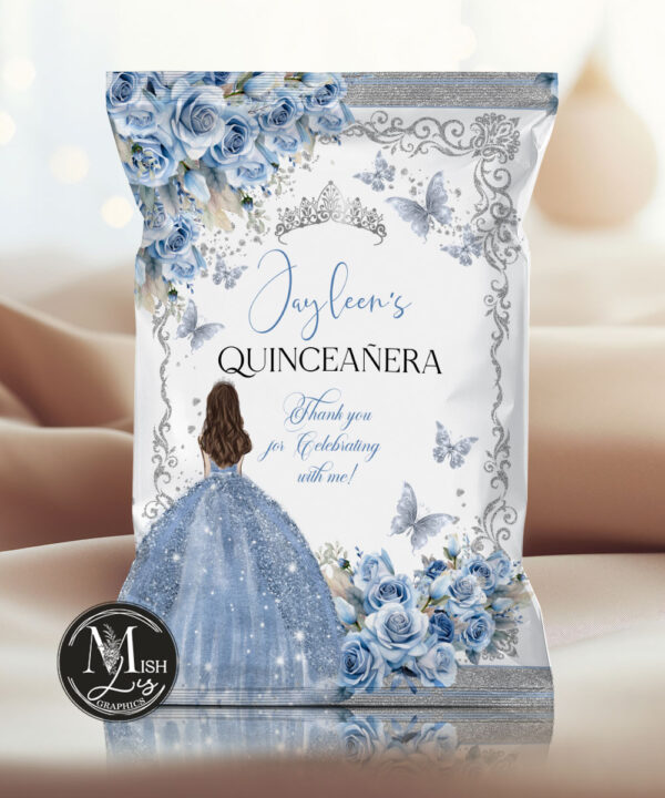 Butterflies and Crown Chip Bag - Regal Roses Quinceanera Party Decor in Baby Blue Floral Design