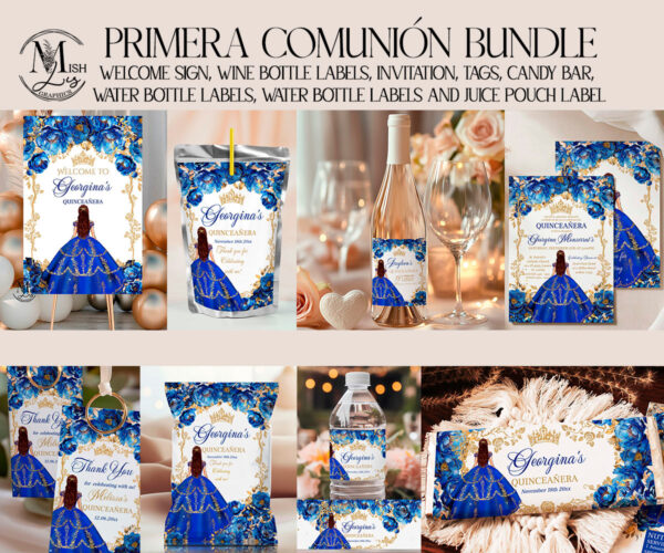 Royal Blue Gold Quinceañera Party Bundle | Princess Floral Design & Gold Glitter | Editable Sweet 16 Decor Set