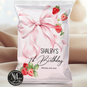 Coquette Baby Girl Pink Bow Chip Bags | Strawberry First Birthday Editable Party Favors | Strawberry Bow Theme Party