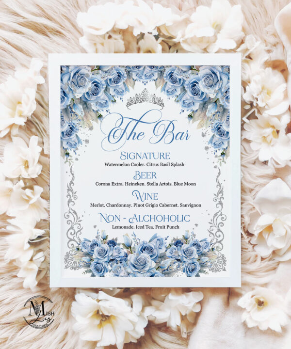 Elegant Baby Blue Floral Bar Menu - Butterflies & Crown Quinceanera Decor - Image 4