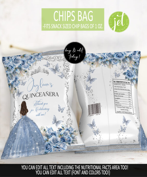 Butterflies and Crown Chip Bag - Regal Roses Quinceanera Party Decor in Baby Blue Floral Design - Image 2