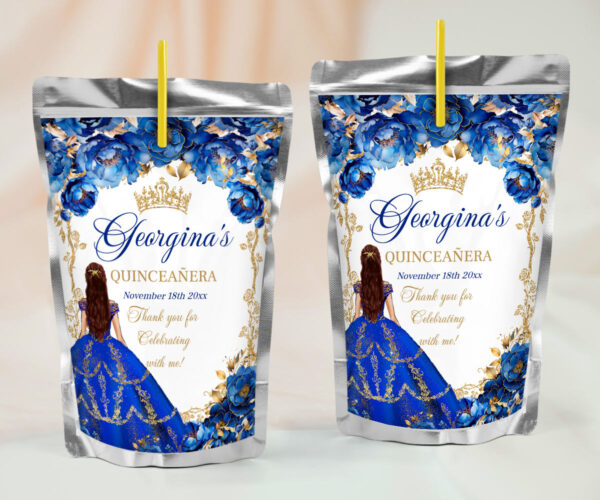Royal Blue Gold Quinceañera Party Bundle | Princess Floral Design & Gold Glitter | Editable Sweet 16 Decor Set - Image 5