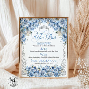 Elegant Baby Blue Floral Bar Menu - Butterflies & Crown Quinceanera Decor