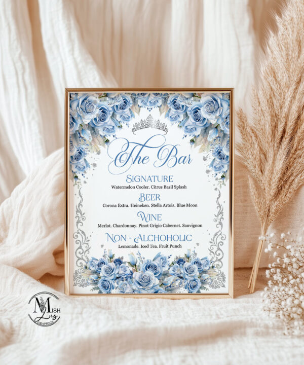Elegant Baby Blue Floral Bar Menu - Butterflies & Crown Quinceanera Decor