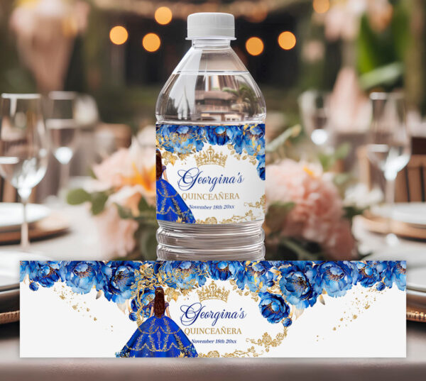 Royal Blue Gold Quinceañera Party Bundle | Princess Floral Design & Gold Glitter | Editable Sweet 16 Decor Set - Image 6