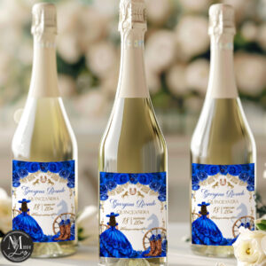 Royal Blue Western Quinceañera Wine Bottle Labels | Cowboy Boots & Horses | Editable Mis Quince 15 Años Party Favor