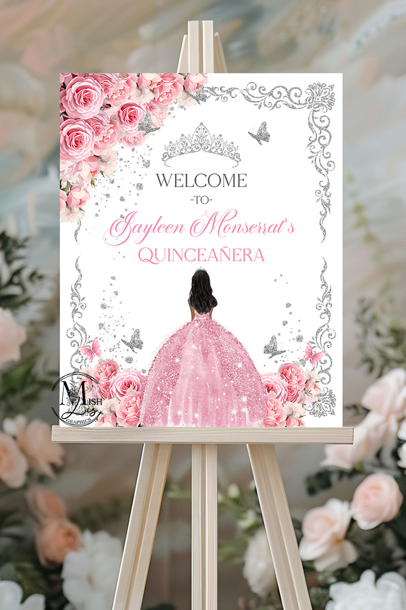 Pink Roses & Dress Quinceañera Welcome Sign | Pink Roses and Silver Crown | Printable EDITABLE TEMPLATE Mis Quince Girl 15 16th Birthday Butterflies INSTANT Download
