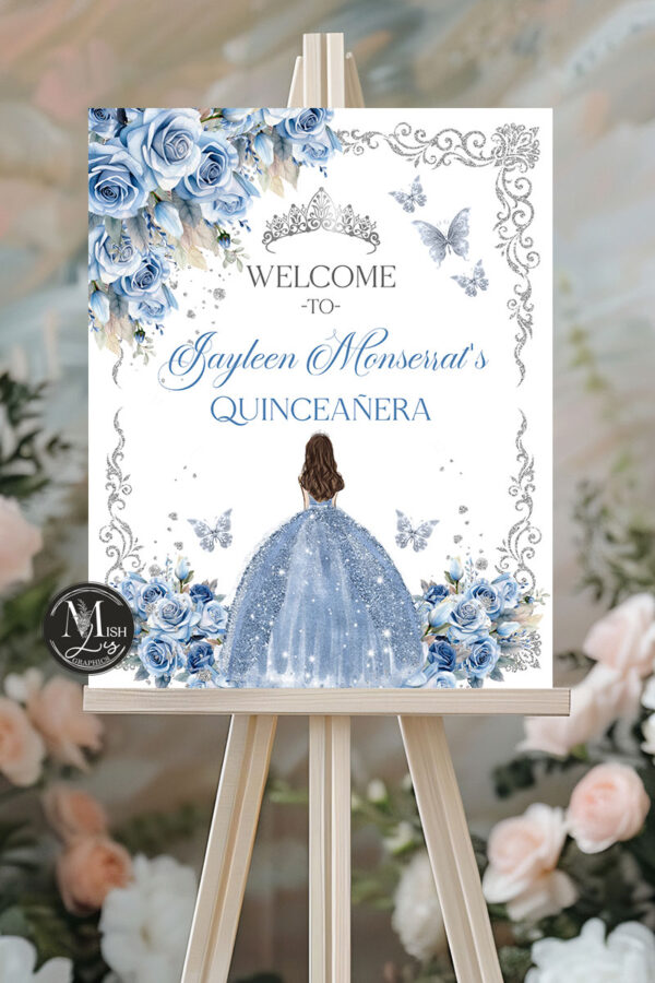 Elegant Baby Blue Roses Welcome Sign Template with Silver Crown | Sweet Sixteen Quinceanera Party Decorations | Printable EDITABLE TEMPLATE Mis Quince Girl 15 16th Birthday Butterflies INSTANT Download - Image 2