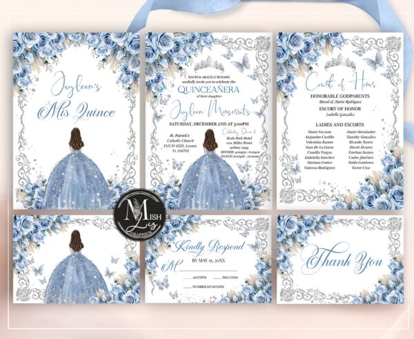 Quinceanera Celebration Set | Regal Roses Quinceanera Party Decor in Baby Blue Floral Design | Princess Floral Design & Silver Glitter | Editable Sweet 16 Decor - Image 3