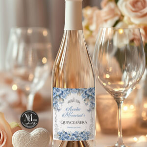 Whimsical Baby Blue Quinceañera Wine Labels | Butterflies & Crown Quinceanera Decor | Editable Mis Quince 15 Años Party Favor