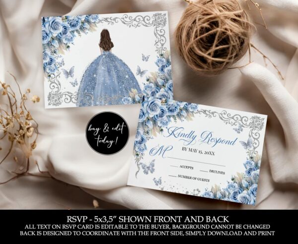 Quinceanera Celebration Set | Regal Roses Quinceanera Party Decor in Baby Blue Floral Design | Princess Floral Design & Silver Glitter | Editable Sweet 16 Decor - Image 2