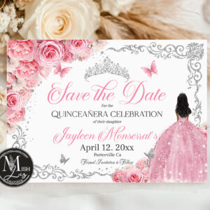 Pink Rose Floral Quinceañera Save the Date | Silver Butterflies and Silver Crown | Mis Quince 15 Anos Birthday EDITABLE Instant Download