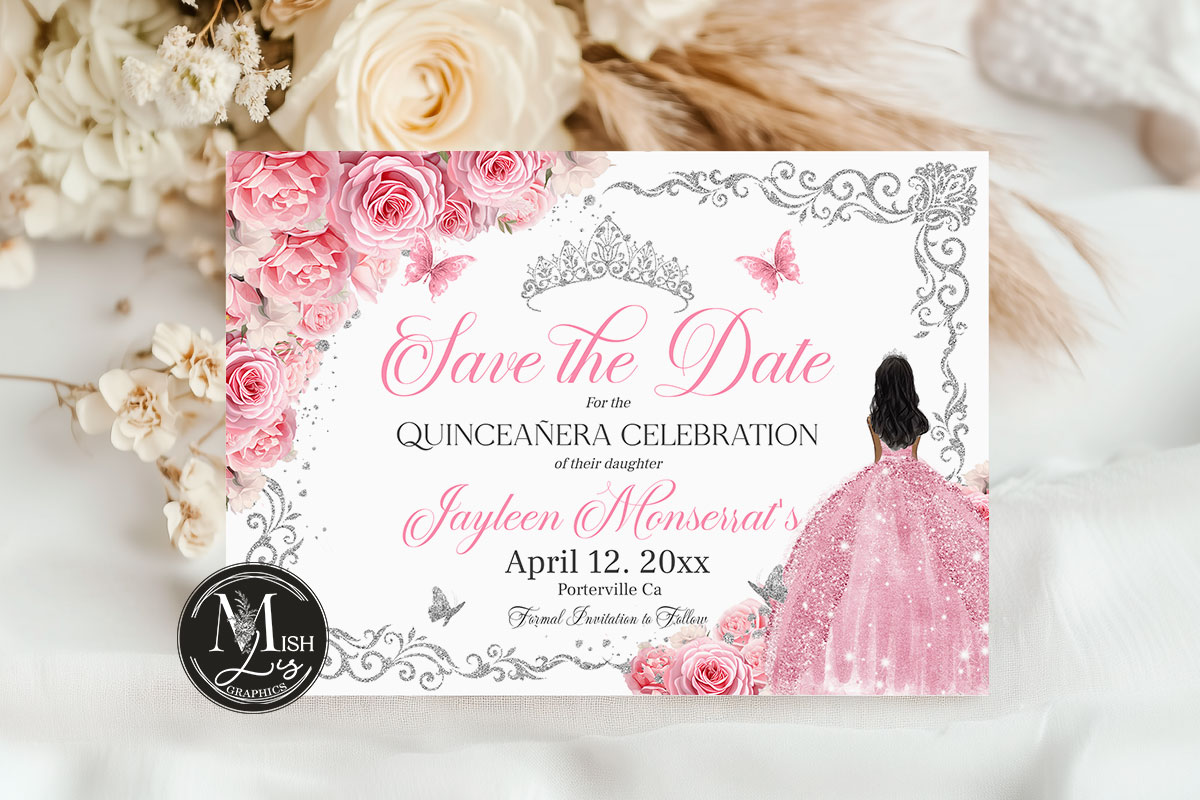 Pink Rose Floral Quinceañera Save the Date | Silver Butterflies and Silver Crown | Mis Quince 15 Anos Birthday EDITABLE Instant Download