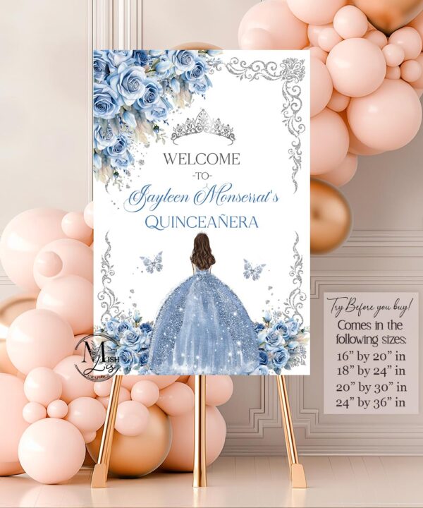 Elegant Baby Blue Roses Welcome Sign Template with Silver Crown | Sweet Sixteen Quinceanera Party Decorations | Printable EDITABLE TEMPLATE Mis Quince Girl 15 16th Birthday Butterflies INSTANT Download - Image 3