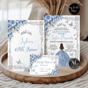 Quinceanera Celebration Set | Regal Roses Quinceanera Party Decor in Baby Blue Floral Design | Princess Floral Design & Silver Glitter | Editable Sweet 16 Decor