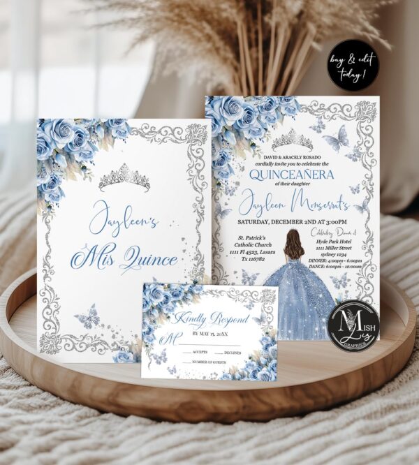 Quinceanera Celebration Set | Regal Roses Quinceanera Party Decor in Baby Blue Floral Design | Princess Floral Design & Silver Glitter | Editable Sweet 16 Decor