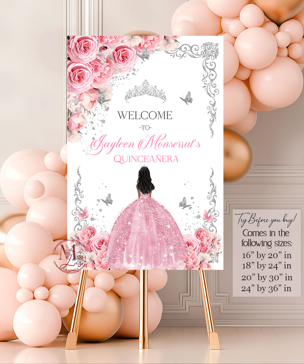 Pink Roses & Dress Quinceañera Welcome Sign | Pink Roses and Silver Crown | Printable EDITABLE TEMPLATE Mis Quince Girl 15 16th Birthday Butterflies INSTANT Download - Image 3