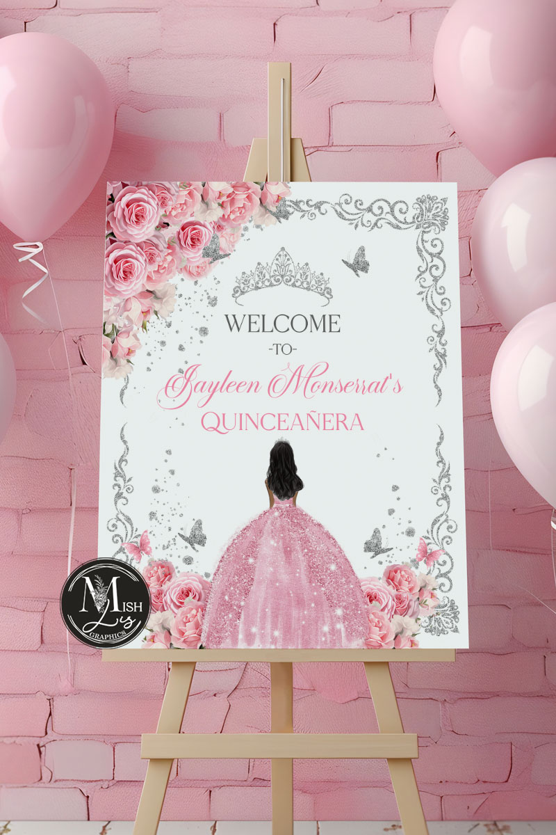 Pink Roses & Dress Quinceañera Welcome Sign | Pink Roses and Silver Crown | Printable EDITABLE TEMPLATE Mis Quince Girl 15 16th Birthday Butterflies INSTANT Download - Image 4