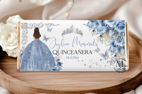 Butterflies and Crown Candy Bar Wrappers - Royal Quinceanera Baby Blue Floral Design - Fits 1.55 oz & 40 g Candy Bar - Image 2