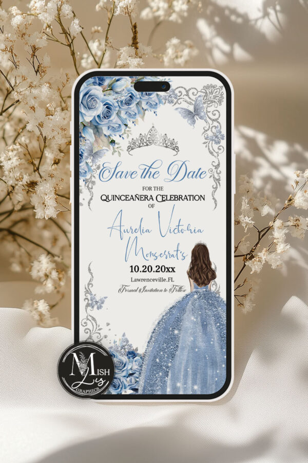 Elegant Baby Blue Roses Quinceanera Electronic Invitation with Silver Crown | Editable Template | Editable Mis Quince 15 Party Template - Image 2