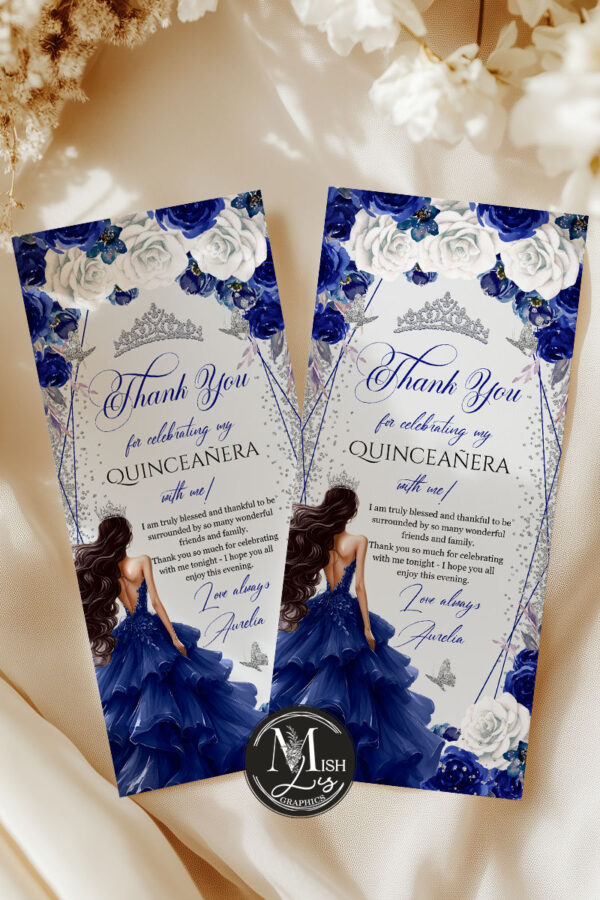 Royal Blue & Silver Quinceañera Thank You Card | Floral Butterflies & Glitter Dress | Editable Mis Quince 15th Note - Image 2