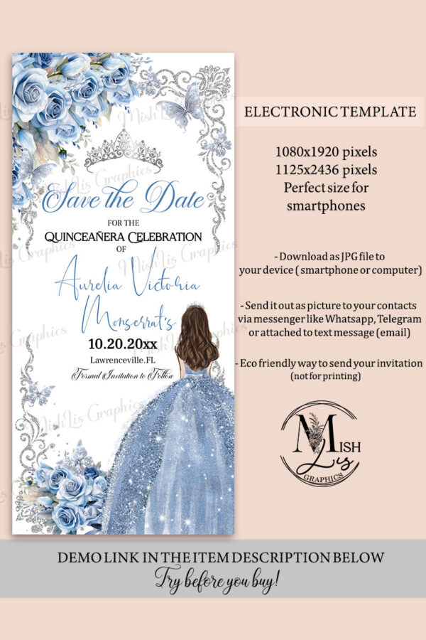 Elegant Baby Blue Roses Quinceanera Electronic Invitation with Silver Crown | Editable Template | Editable Mis Quince 15 Party Template - Image 3