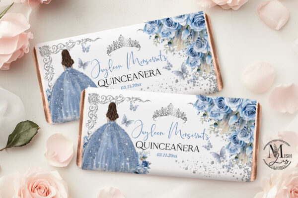 Butterflies and Crown Candy Bar Wrappers - Royal Quinceanera Baby Blue Floral Design - Fits 1.55 oz & 40 g Candy Bar - Image 3