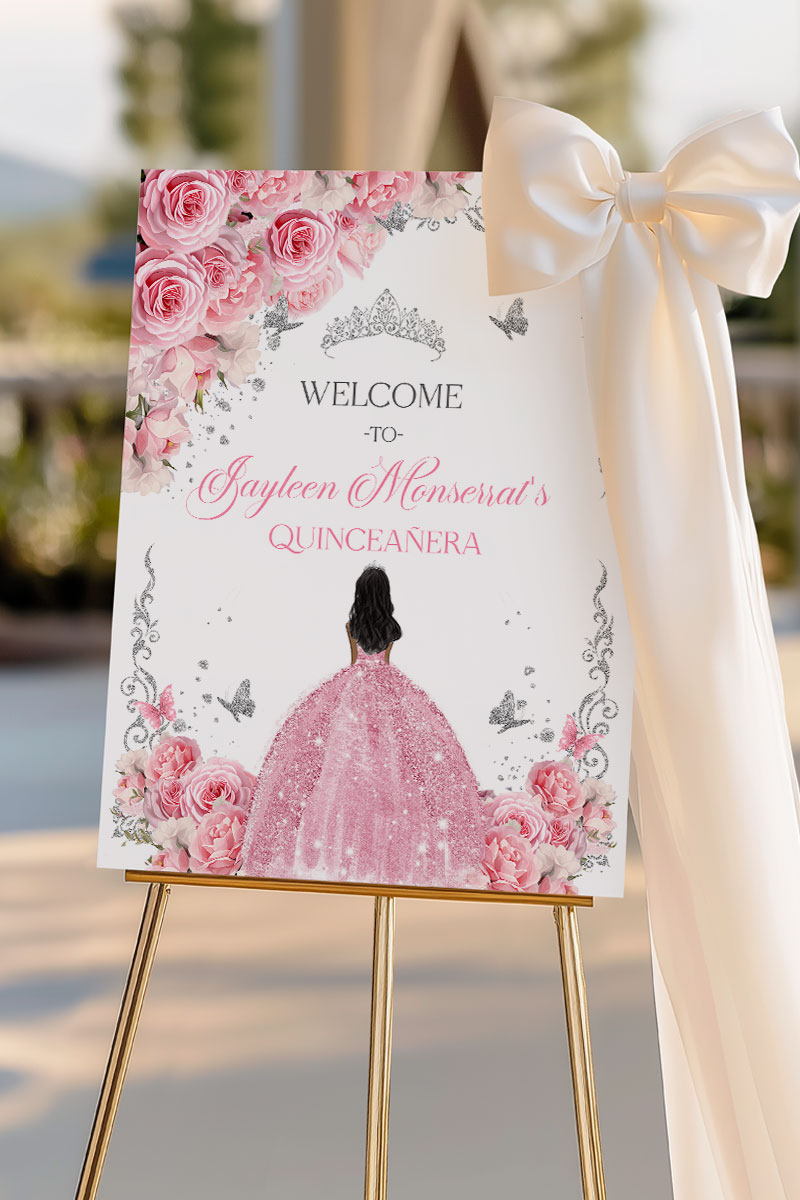 Pink Roses & Dress Quinceañera Welcome Sign | Pink Roses and Silver Crown | Printable EDITABLE TEMPLATE Mis Quince Girl 15 16th Birthday Butterflies INSTANT Download - Image 5