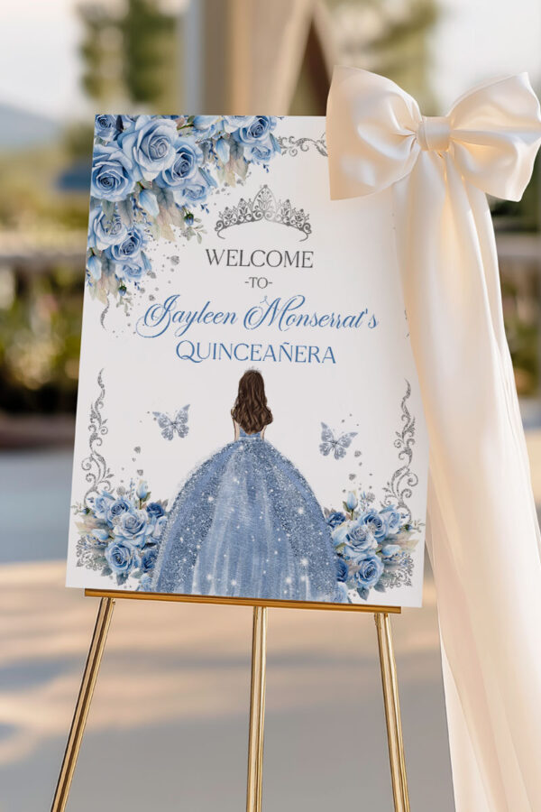 Elegant Baby Blue Roses Welcome Sign Template with Silver Crown | Sweet Sixteen Quinceanera Party Decorations | Printable EDITABLE TEMPLATE Mis Quince Girl 15 16th Birthday Butterflies INSTANT Download - Image 4