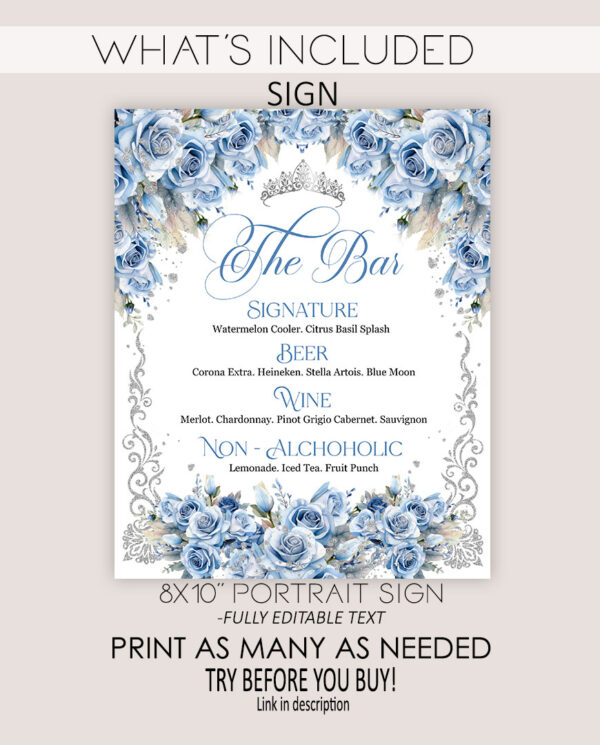Elegant Baby Blue Floral Bar Menu - Butterflies & Crown Quinceanera Decor - Image 2