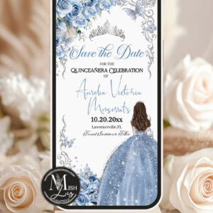 Elegant Baby Blue Roses Quinceanera Electronic Invitation with Silver Crown | Editable Template | Editable Mis Quince 15 Party Template