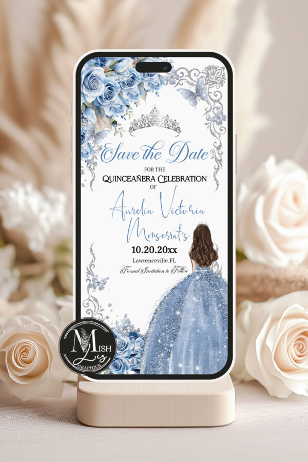 Elegant Baby Blue Roses Quinceanera Electronic Invitation with Silver Crown | Editable Template | Editable Mis Quince 15 Party Template